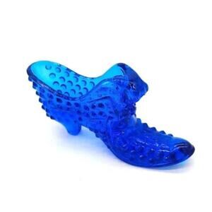 Vintage Fenton Art Glass Cat’s Head Hobnail Cobalt Blue Slipper Shoe 6”L x 3”H